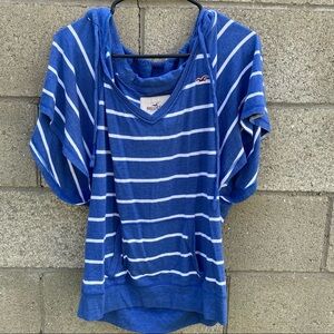 Hollister Heather Blue & White Oversized Striped Hooded Hollister Top L